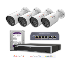 Pachet Hikvision: 4 camere 4MP ColorVu AcuSense 3.0 + NVR + HDD + PoE