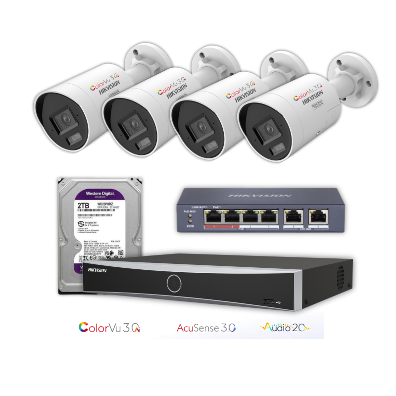 Pachet Hikvision: 4 camere 4MP ColorVu AcuSense 3.0 + NVR + HDD + PoE
