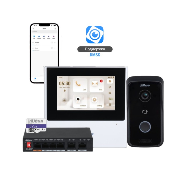 Pachet videointerfon Dahua DHI-VTH2611L-WP + DHI-VTO2111D-P-S3 + PoE + microSD 32GB