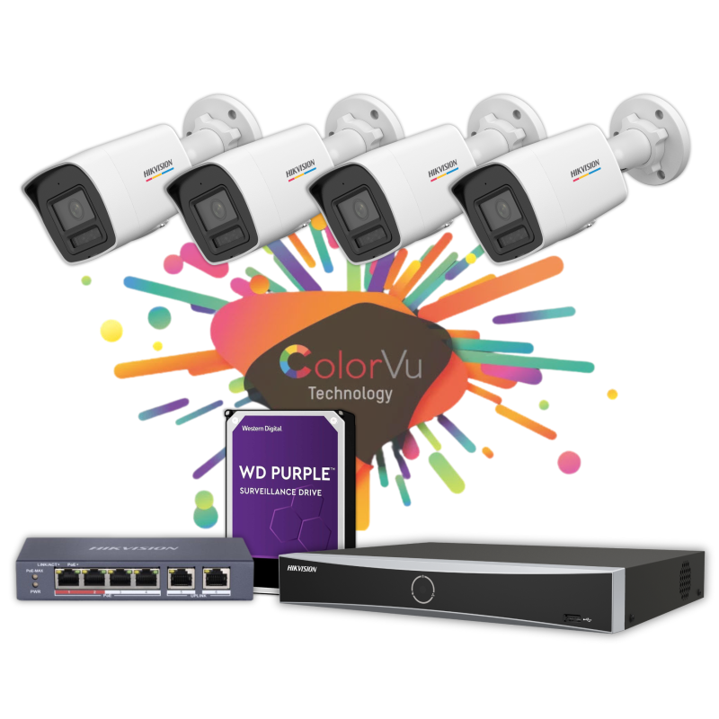 Pachet Hikvision: 4 camere ColorVu 6MP + NVR + HDD + PoE