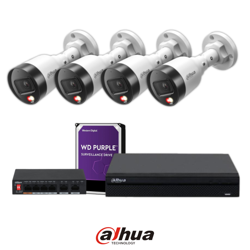 Pachet Dahua: 4 camere Full-Color 4MP + NVR + HDD 2TB + PoE