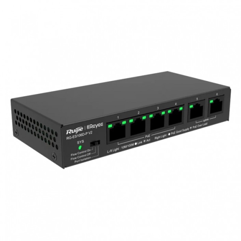 Коммутатор POE Ruijie Reyee RG-ES106D-P V2, 4xPoE, 2xLAN, max. 54W
