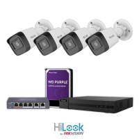 Pachet Hikvision: 4 camere HiLook 2MP + NVR + HDD + PoE